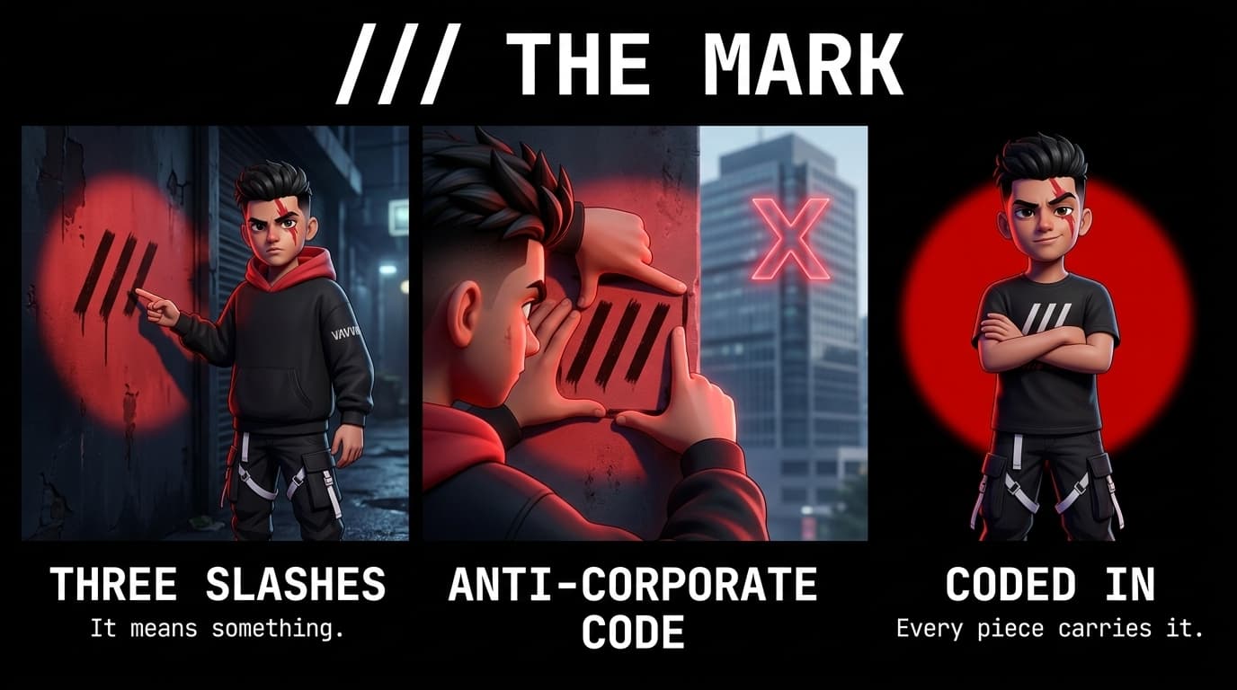 The Story Behind VAVVY'S Three Slashes Motif: Anti-Corporate Coding