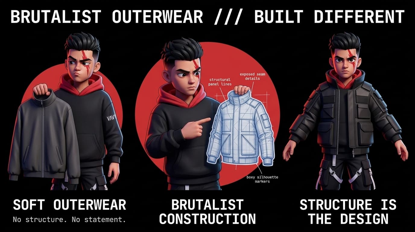 Brutalist Geometry in Outerwear: Structural Panels, Stiff Seams, and Unbuttoned Silhouettes