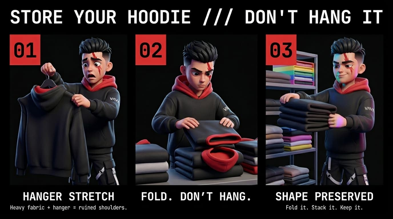 How to Store Heavyweight Hoodies: Preventing Hanger Bump Stretch
